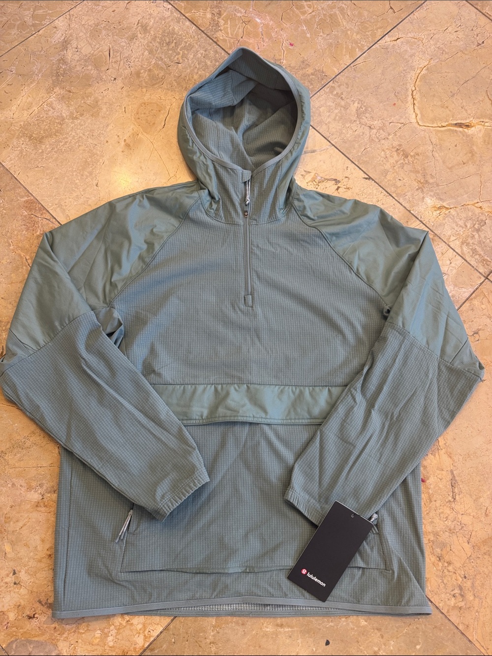 Men's Lightweight Grid Fleece Anorak Hooded Pullover Jacket - Sage Green